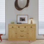 Buffet - 5 tiroirs 2 portes en bois clair effet ch�ne - style rustique & naturel - 135x39. 8x80 cm - ...