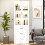 Buffet 60 x 200 cm - vitrine meuble dexposition led 16 couleurs 3 tiroirs �tag�res r�glables mdf blanc ...