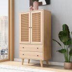 Buffet 60x40x120 cm 2 portes 2 tiroirs meuble rangement commode naturel
