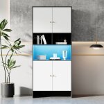 Buffet 80x40x185 cm meuble multifonctionnel 4 portes 3 compartiments ouverts. noir et blanc bois. pour ...