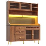 Buffet armoire haute salon noyer 145x39x171cm �tag�res r�glables �clairage led tiroir casier � vin - ...