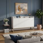 Buffet bahut 120cm - 4 portes push - to - open - meuble de rangement salon - pieds m�tal dor� - style ...