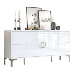 Buffet - bahut 150x38x59. 5cm 4 tiroirs et 2 portes laqu� brillant pieds m�tal mdf sans poign�es pour ...