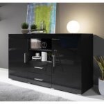 Buffet bahut 2 portes 2 tiroirs 140 x 80 x 40 cm couleur noir finition brillante rangement roque Buffet bahut 2 portes 2 tiroirs 140 x 80 x 40 cm couleur noir finition brillante rangement roque