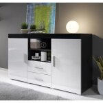 Buffet bahut 2 portes 2 tiroirs 140 x 80 x 40 cm couleur noir et blanc finition brillante rangement roque ...