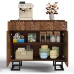 Buffet bahut 2 tiroirs et 2 portes relief de feuilles 80 x 78 x 40 cm couleur noyer pieds en m�tal meuble ...