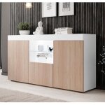 Buffet bahut 3 portes avec led 150 x 83 x 40 cm couleur sonoma et blanc mate meuble de rangement mod�le ...