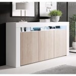 Buffet bahut 3 portes led 155 x 915 x 37cm couleur blanc brillant et sonoma mat rangement aker