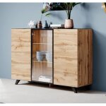 Buffet bahut 3 portes vitrine led 150 x100 x 40cm couleur chne et noir finition mate rangement vienna ...