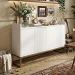 Buffet bahut blanc 120cm - 4 portes sans poign�e - pieds m�tal - �tag�res r�glables - meuble rangement ...