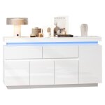 Buffet - bahut blanc laqu� brillant 140x35x72. 5cm 2 tiroirs 4 portes �clairage led meuble de rangement ...