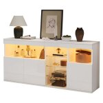 Buffet bahut blanc laqu� brillant 155. 5 x 35 x 72 cm �clairage led 3 portes 3 compartiments vitr�s sans ...