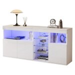 Buffet - bahut blanc laqu� brillant 155. 5x35x72cm�clairage led 3 portes + 3 compartiments vitr�s sans ...