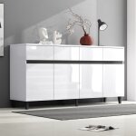 Buffet bahut blanc laqu� brillant 160x40x68cm 4 tiroirs + 2 portes �tag�res r�glables meuble dangle rangement ...
