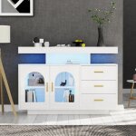 Buffet - bahut blanc � led 120x40x80cm ? 16 lumi�res couleur meuble bar caf� tiroirs brillante salon ...