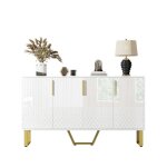 Buffet bahut brillant blanc 140x40x80cm - 4 portes poign�es et pieds m�tal design g�om�trique - meuble ...