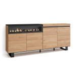 Buffet, bahut, enfilade, 200x35x87cm, 4 portes, feu lectrique, chne et noir, rf2311