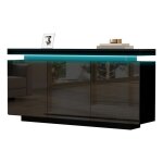 Buffet - bahut noir 140x35x725cm laqu� brillant + led 2 portes + 3 tiroirs sans poign�es meuble salon ...