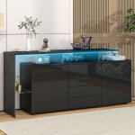 Buffet bahut noir laqu� 160x35x70cm - commode �clairage led - meuble tv / multifonction salon et salle ...
