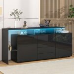 Buffet bahut noir laqu� 160x35x70cm - commode �clairage led - meuble tv / multifonction salon et salle ...