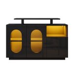 Buffet bahut noir led 120x40x80 cm portes ovale verre brillant design moderne rangement pratique vitrine ...