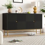 Buffet bahut noir - texture relief - 4 portes rangement - poign�es dor�es - 160x40x82cm - �l�gance salon ...