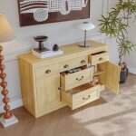 Buffet bahut de rangement en bois naturel 135�40�80 cm 5 tiroirs et 2 portes �tag�res r�glables pour ...