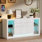 Buffet bahut salle � manger blanc laqu� 160 cm avec led 3 tiroirs compartiments ouverts verre �tag�res ...