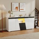 Buffet - bahut salon : 3 placards 4 portes + rangement grand volume + bande led - 140x40x65cm noir & ...