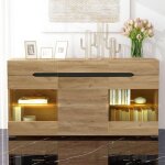 Buffet bahut de salon - buffet bas 140 cm - bois naturel - 3 portes et tiroirs - led - rangement