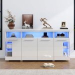 Buffet - bahut table dappoint 140x40x70cm blanc laqu� brillant verre tremp� 3 compartiments eclairage ...
