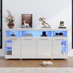 Buffet - bahut table dappoint 140x40x70cm blanc laqu� brillant verre tremp� 3 compartiments eclairage ...