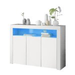 Buffet - bahut vitrine blanc laqu� 130x35x95cm �clairage led t�l�command� 3 portes meuble rangement bois ...