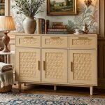 Buffet bas - 115x40x80cm - ambiance - portes et tiroirs effet rotin - meuble de rangement salon salle ...