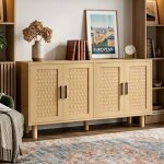 Buffet bas - 140x40x80cm - ambiance - 4 portes rotin tress� & pieds sur�lev�s - grand meuble de rangement ...