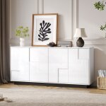 Buffet bas 160 x 37 x 755 cm pour salon 4 portes g�om�triques laqu�es panneau de particules blanc et ...
