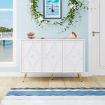 Buffet bas 3 portes blanc buffet avec motif sculpt� pieds en m�tal casier buffet moderne pour salon chambre ...