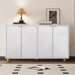 Buffet bas - 4 portes motif g�om�trique avec pieds boule dor�s - bahut moderne blanc