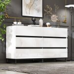 Buffet bas 6 tiroirs design ? meuble rangement moderne avec pieds m�talliques panneau particules blanc ...