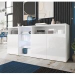 Buffet bahut 3 portes 3 tagres en verre led 150 x 72 x 35 cm couleur blanc avec finition brillante ...