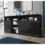 Buffet bahut 3 portes 3 tagres en verre led 150 x 72 x 35 cm couleur noir avec finition brillante clark ...