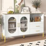 Buffet bas de cuisine avec 2 tiroirs et 2 portes vitr�es meuble de rangement mdf blanc pieds dor�s 140x38x90 ...