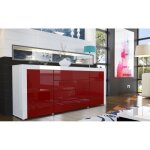 Buffet bas - laqu - blanc / bordeaux - 2 portes - 4 tiroirs - design contemporain