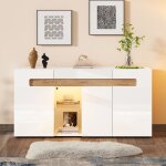 Buffet bas led 140 cm - blanc brillant - avec 3 portes et �tag�re en verre merax meuble de rangement ...
