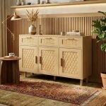 Buffet bas moderne - 115x40x80 cm - portes et tiroirs en effet rotin - meuble de rangement salon salle ...
