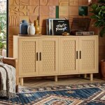 Buffet bas moderne - 140x40x80cm - 4 portes en rotin tress� & pieds sur�lev�s - grand meuble rangement ...