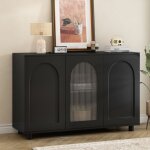 Buffet bas noir 120x40x78. 5 cm avec �tag�res r�glables portes arqu�es et vitre cannel�e - rangement ...