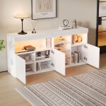Buffet bas de rangement avec led contr�l�e par appli 3 portes �tag�res en verre blanc laqu� brillant ...
