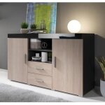 Buffet de salon roque 140x80x40 cm - enfilade 2 portes 2 tiroirs - coloris noir et ch�ne sonoma - rangement ...