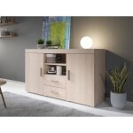 Buffet bahut 2 portes 2 tiroirs 140 x 80 x 40 cm couleur sonoma mate rangement roque